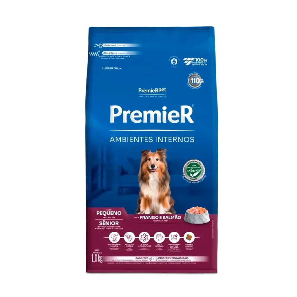 Ração premier - cães - ambientes internos - frango e salmão sêniors /